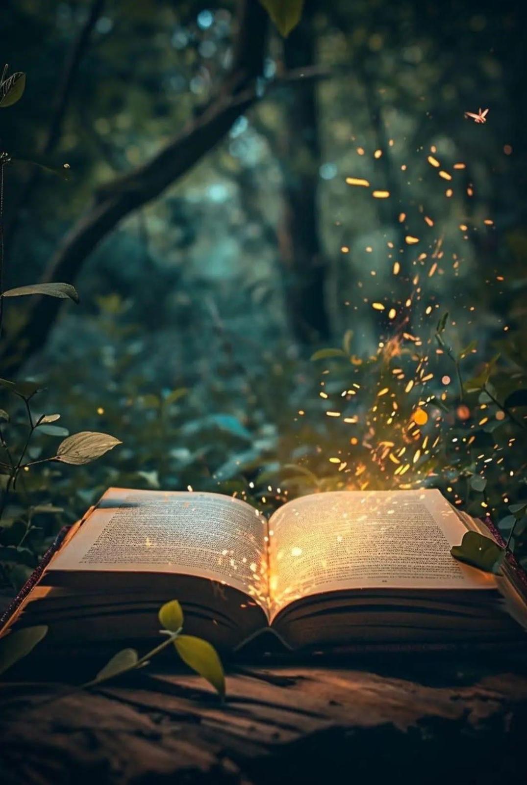 Aufgeschlagenes, leuchtendes Buch im Wald als Sinnbild für das eigene Lebensbuch